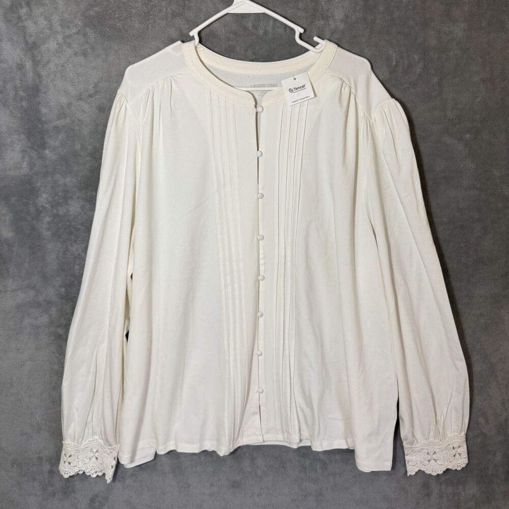NWT Lands' End Top Women's 3X Plus White Long Sleeve Tencel Modal Blouse Stretch